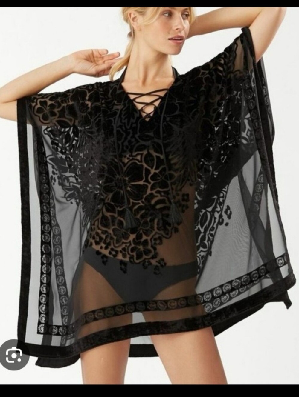 New Tommy Bahama Black Sheer Lace Velvet Floral Kaftan Cover-Up SMALL MEDIUM